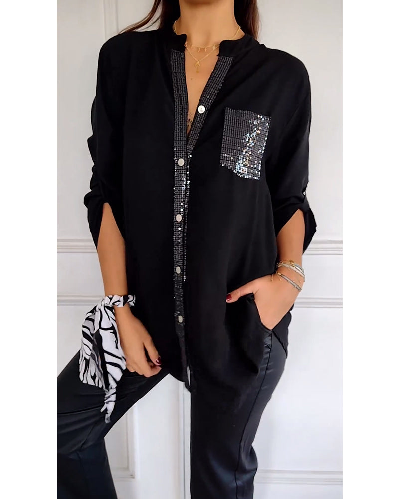 WW - Schicke Bluse mit Knopfleiste und Paillettenbesatz für Damen | Elegante Langarmbluse mit Paillettentasche