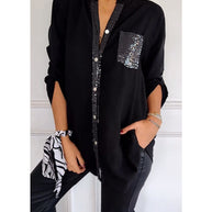 WW - Schicke Bluse mit Knopfleiste und Paillettenbesatz für Damen | Elegante Langarmbluse mit Paillettentasche