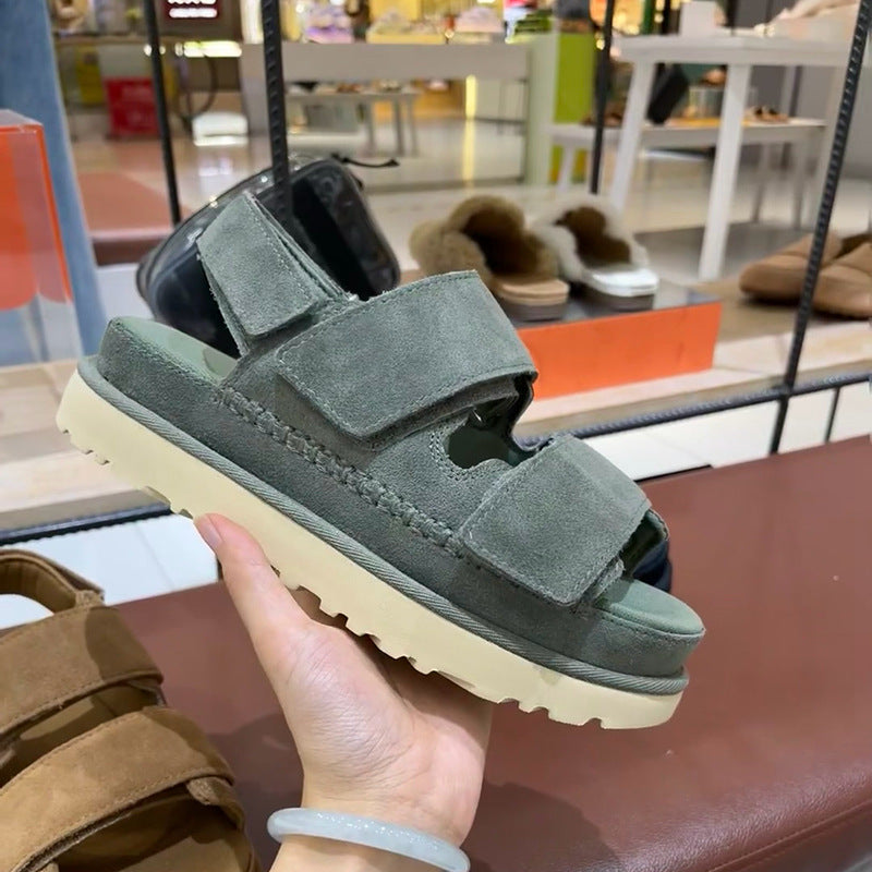 WW | Frühling und Sommer Neue Echtes Leder Dicke Sohle Riemen Klettsandalen Frauen Offene Zehe Höhensteigerung
