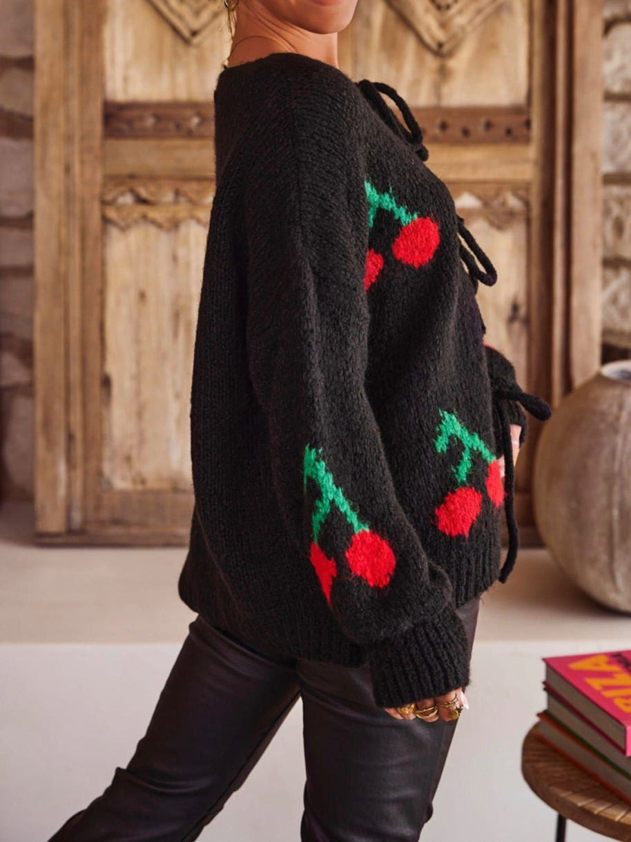 WW | Gebundene Kirsche Rundhalsausschnitt Langarm Cardigan