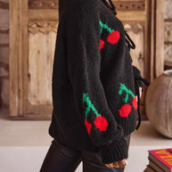 WW | Gebundene Kirsche Rundhalsausschnitt Langarm Cardigan