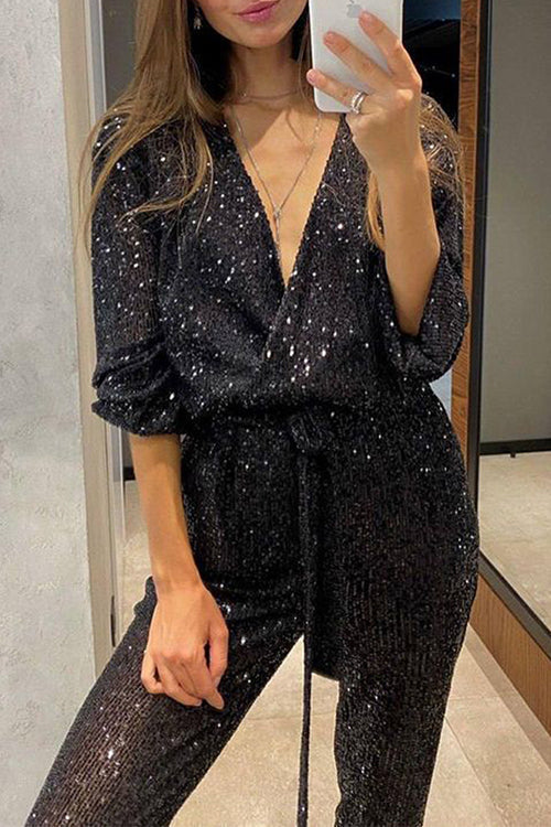 W&W Mode | Rosiedress Wickel V-Ausschnitt Bindegürtel Pailletten Overall
