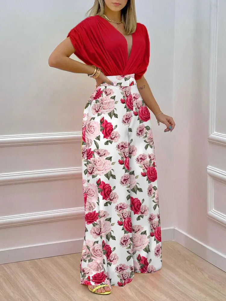 WW | Damen Set Puppenärmel Top & Bedruckte Breite Bein Hosen 2-teilig Set