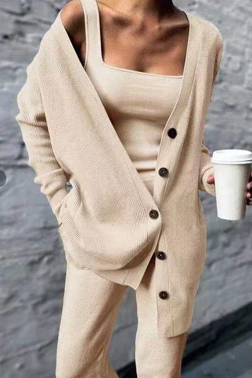 WW | Rosiedress Breite Träger Tanktop Knopfleisten Cardigan und Lange Hose 3 Teile Loungeanzug Set