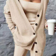 WW | Rosiedress Breite Träger Tanktop Knopfleisten Cardigan und Lange Hose 3 Teile Loungeanzug Set