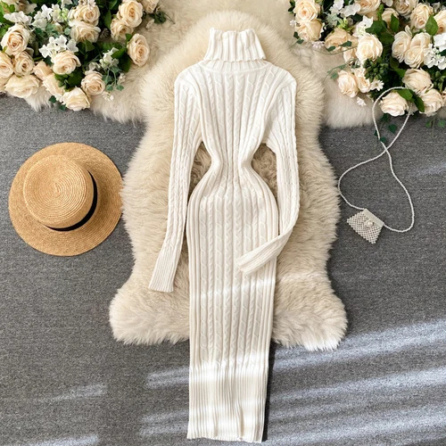 WW | Figurbetont Gestricktes Midi Kleid Mit Langen Ärmeln, Gestricktes Damen Kleid