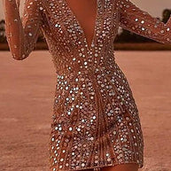 WW | Rosiedress Tiefer V-Ausschnitt Netzärmel Mini Pailletten Clubkleid