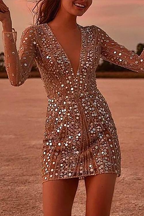 WW | Rosiedress Tiefer V-Ausschnitt Netzärmel Mini Pailletten Clubkleid