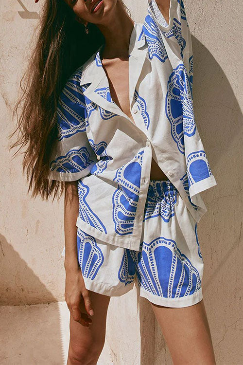 W&W Mode | Rosiedress V-Ausschnitt Kurzarmshirt und Shorts mit Kordelzug Taillierung Muscheldruck Set
