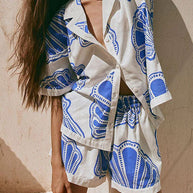 WW | Rosiedress V-Ausschnitt Kurzarmshirt und Shorts mit Kordelzug Taillierung Muscheldruck Set