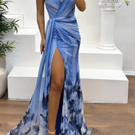 WW | In A Dreamland Chiffon Floral Print Off Shoulder Pleated Scarf Slit Maxi Kleid