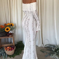 WW | Blumen Spitze Off Shoulder Flare Ärmel Fishtail Maxi Kleider - Weiß