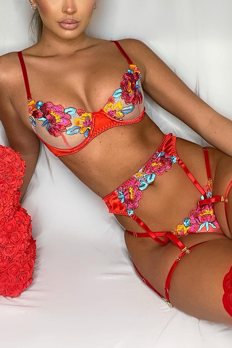 WW | Satin Durchsichtige Blumen 3 Teile Lingerie Set