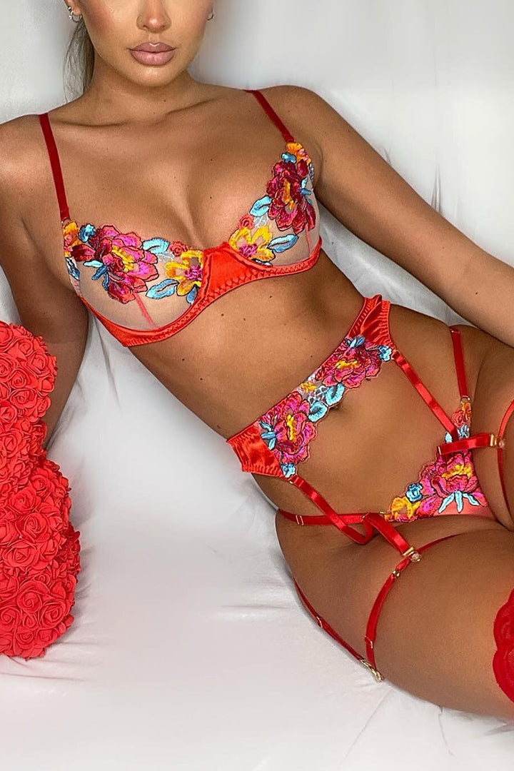 W&W Mode | Satin Durchsichtige Blumen 3 Teile Lingerie Set