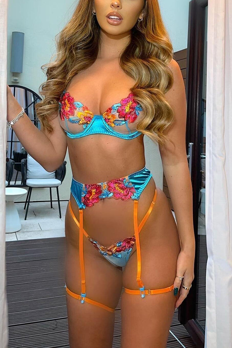 W&W Mode | Satin Durchsichtige Blumen 3 Teile Lingerie Set