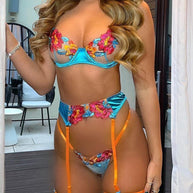 WW | Satin Durchsichtige Blumen 3 Teile Lingerie Set