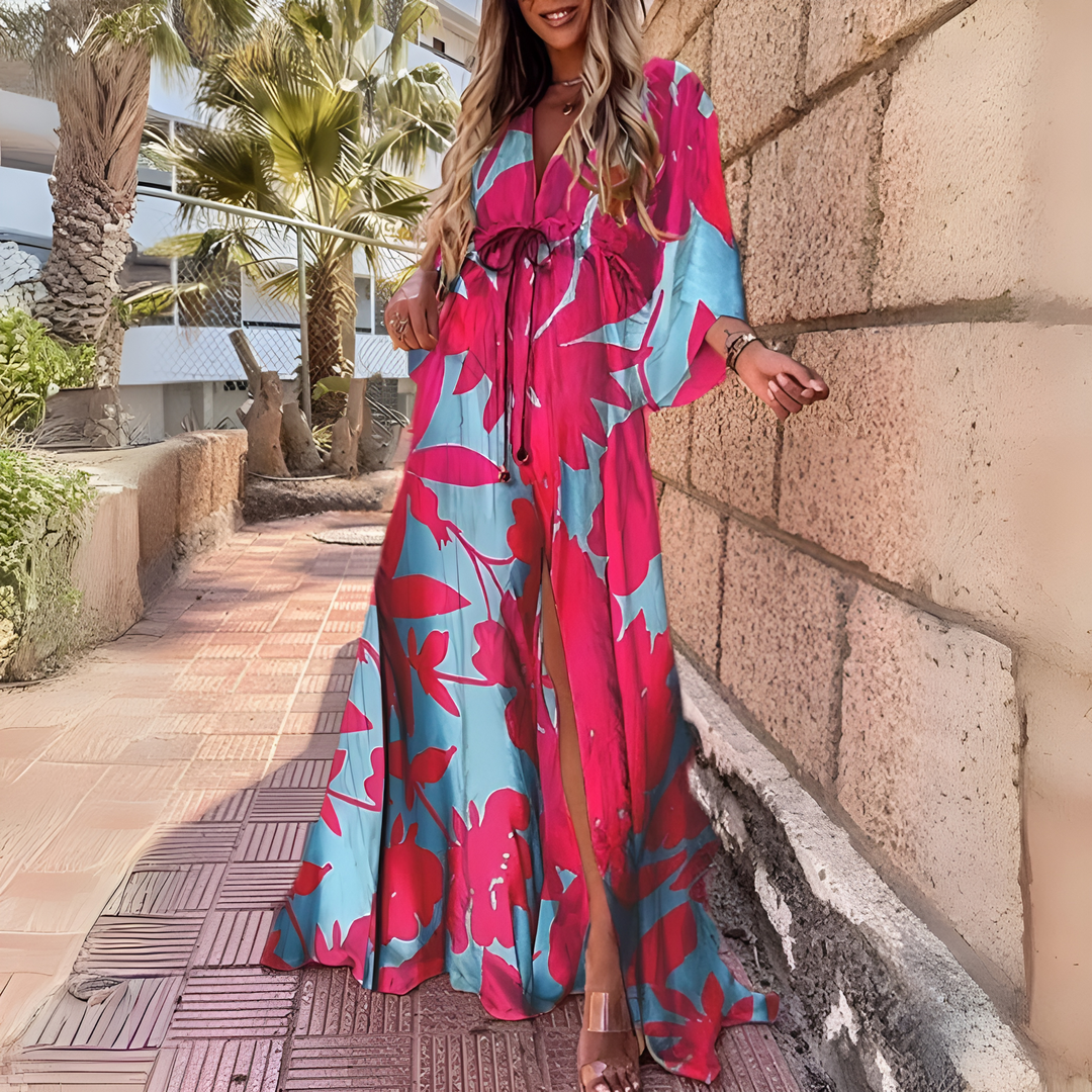 Damen-Boho-Maxikleid mit langen Ärmeln und Taillengürtel