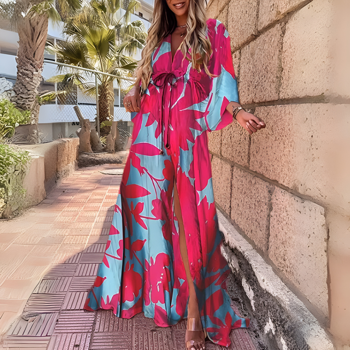 Damen-Boho-Maxikleid mit langen Ärmeln und Taillengürtel