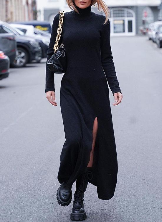 WW | Rosiedress Rollkragen Langarm Hochgeschlitztes Maxikleid