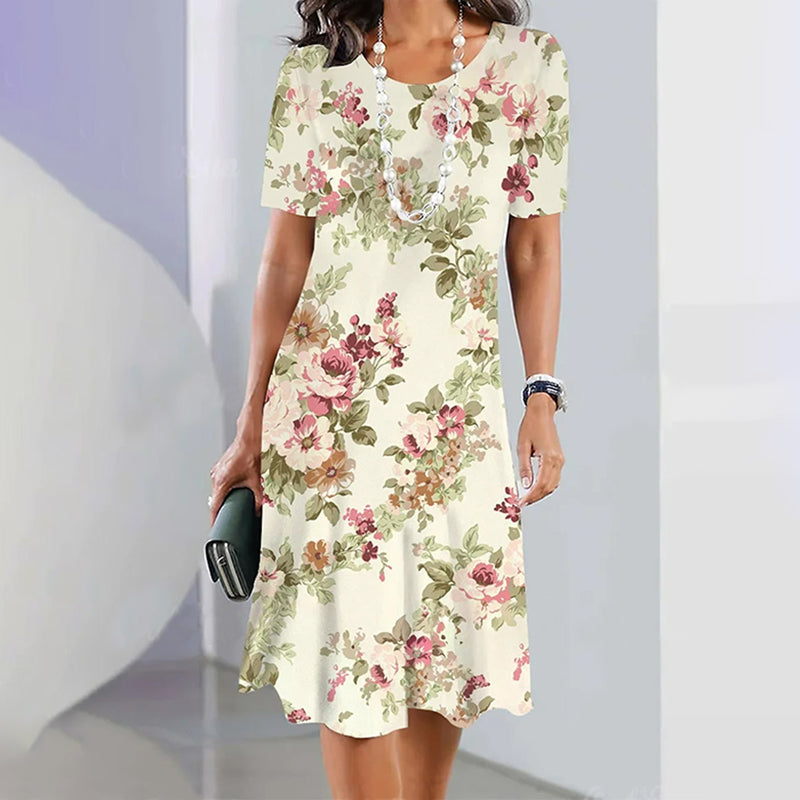 Damen Kleid mit Rundhalsausschnitt und Blumenmuster