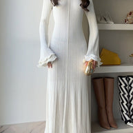 WW | Rosiedress Glockenärmel Rücken Schnürung Rüsche Trim Maxi Kleid