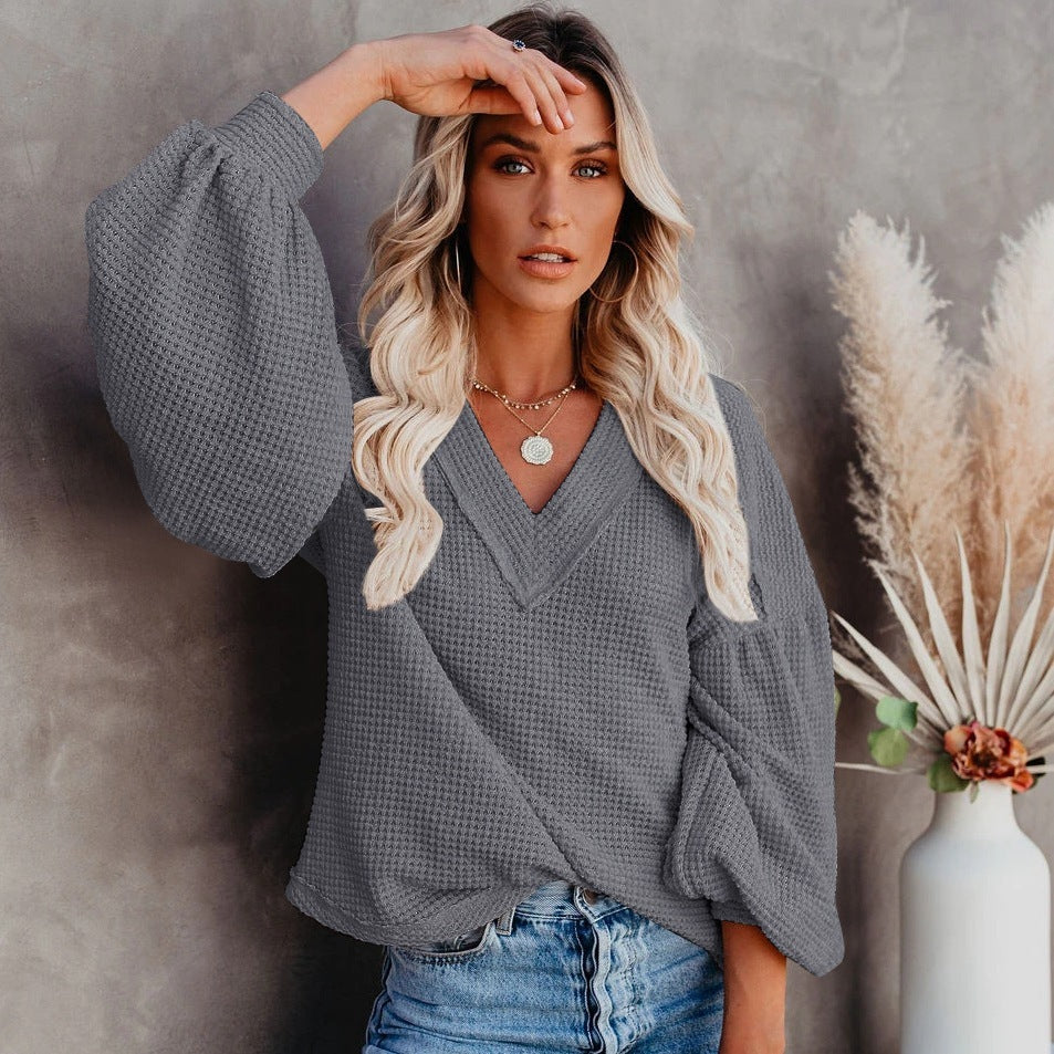 WW | Lockeres Damen V-Ausschnitt T-Shirt Mit Laternenärmeln