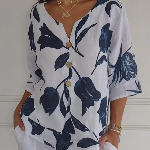 WW | Blumenprint-Button-Up-Leinenbluse für Damen