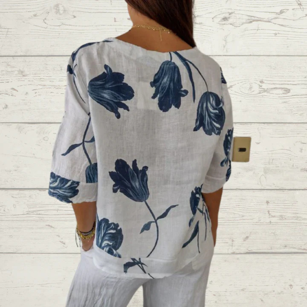 WW | Blumenprint-Button-Up-Leinenbluse für Damen