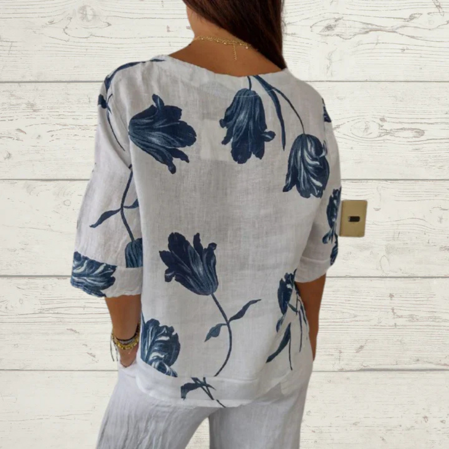 WW | Blumenprint-Button-Up-Leinenbluse für Damen