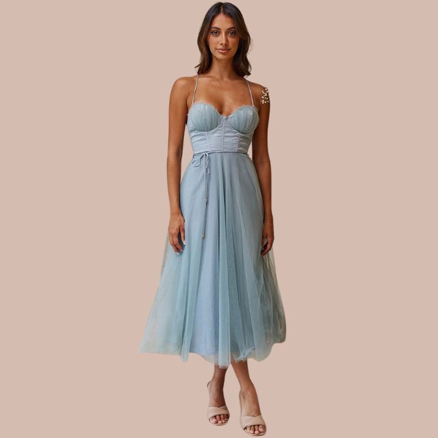 WW | Spaghetti-Träger-Tüll-Midikleid
