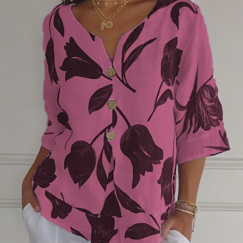 WW | Blumenprint-Button-Up-Leinenbluse für Damen
