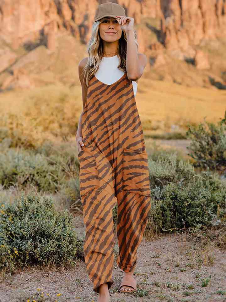 WW | Große Größe Bedruckter V-Ausschnitt Ärmelloser Jumpsuit