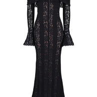 WW | Blumen Spitze Off Shoulder Flare Ärmel Fishtail Maxi Kleider - Weiß
