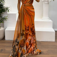 WW | In A Dreamland Chiffon Floral Print Off Shoulder Pleated Scarf Slit Maxi Kleid