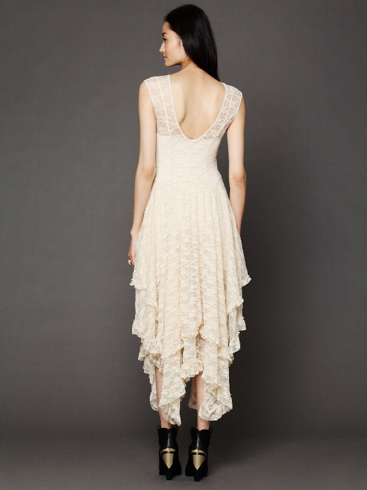 Damen Spitzen-Maxikleid mit lässigem Volantdesign und tiefem V-Ausschnitt WW