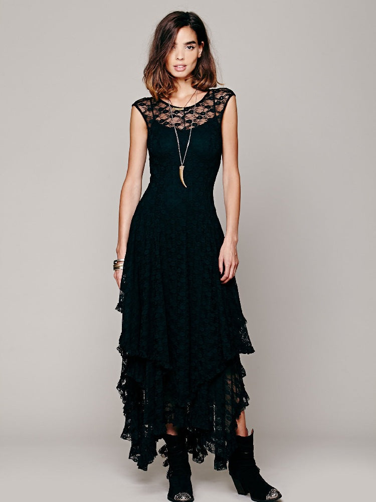 Damen Spitzen-Maxikleid mit lässigem Volantdesign und tiefem V-Ausschnitt WW