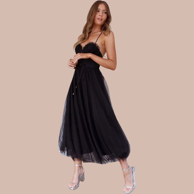 WW | Spaghetti-Träger-Tüll-Midikleid