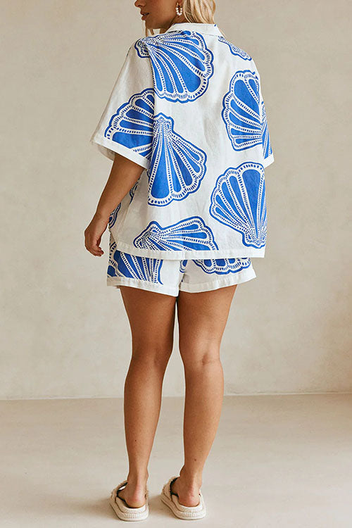 WW | Rosiedress V-Ausschnitt Kurzarmshirt und Shorts mit Kordelzug Taillierung Muscheldruck Set
