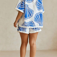 WW | Rosiedress V-Ausschnitt Kurzarmshirt und Shorts mit Kordelzug Taillierung Muscheldruck Set