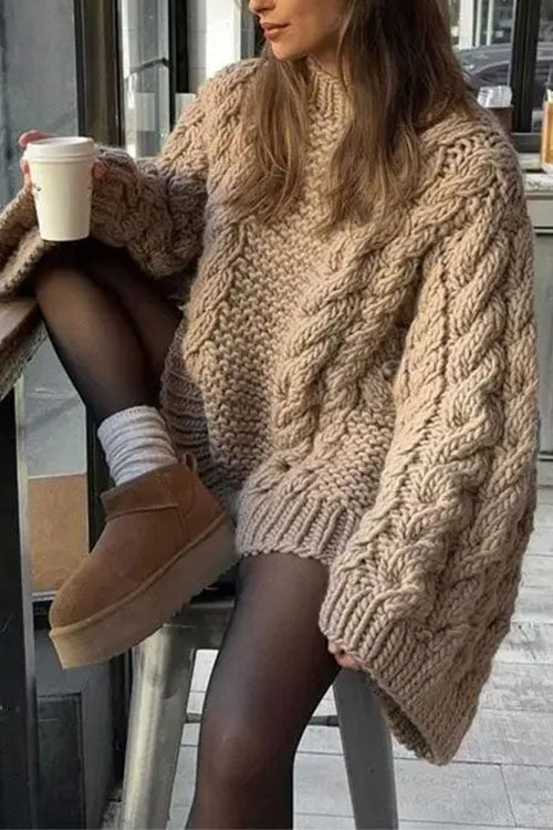 Damen Oversize-Pullover mit Rundhalsausschnitt und Zopfmuster