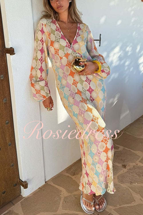 WW | Rosiedress V-Ausschnitt Laternenärmel Geometrischer Druck Maxi-Kleid
