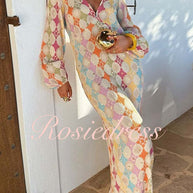WW | Rosiedress V-Ausschnitt Laternenärmel Geometrischer Druck Maxi-Kleid