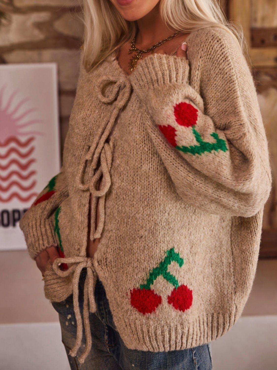 WW | Gebundene Kirsche Rundhalsausschnitt Langarm Cardigan