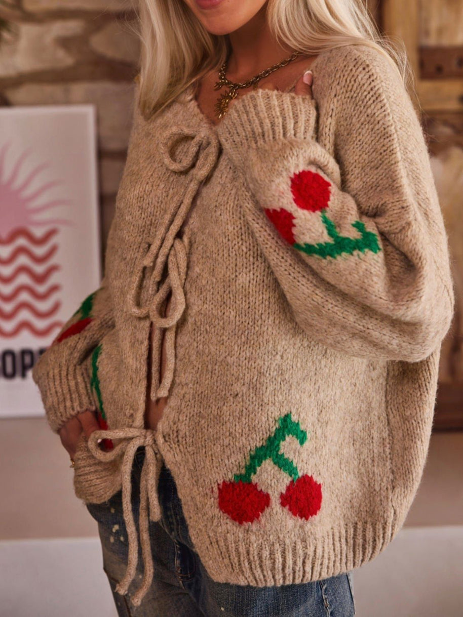 WW | Gebundene Kirsche Rundhalsausschnitt Langarm Cardigan