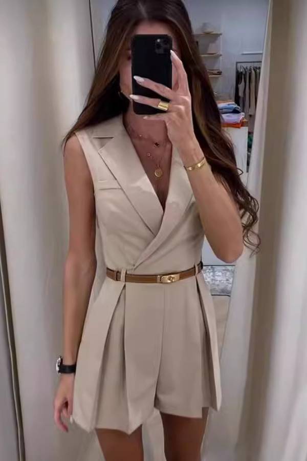 WW | Büro-Dame Oder Mode-Mädchen Revers-Tasche mit Gürtel Plissee-Overall