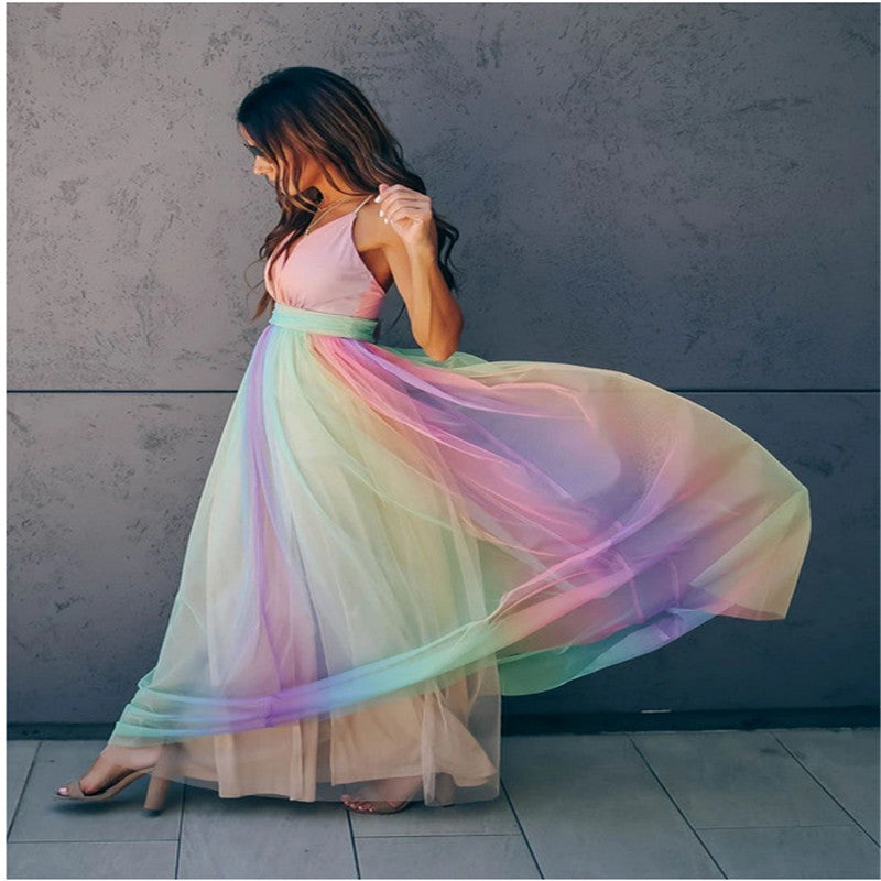 W&W Mode | Regenbogen Netzkleid Für Damen Mit Trägern