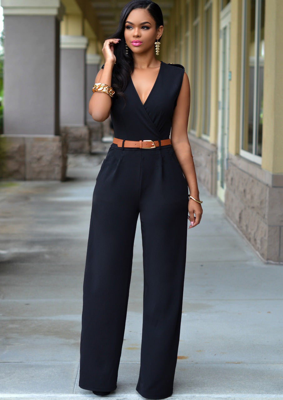 Damen Stilvoller Jumpsuit mit Taillengürtel und weitem Bein WW