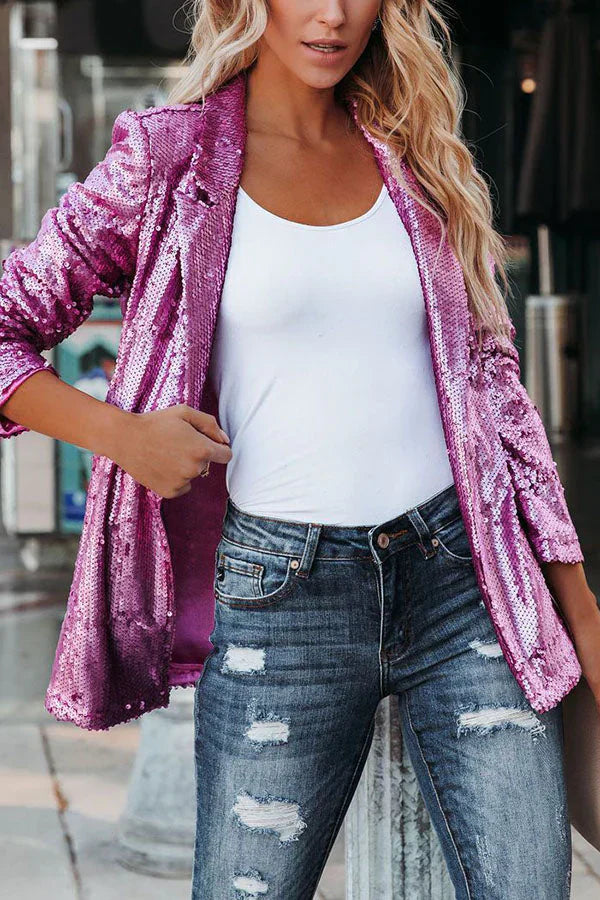 WW | Frauen Pailletten Blazer Mit Langen Ärmeln Und Revers