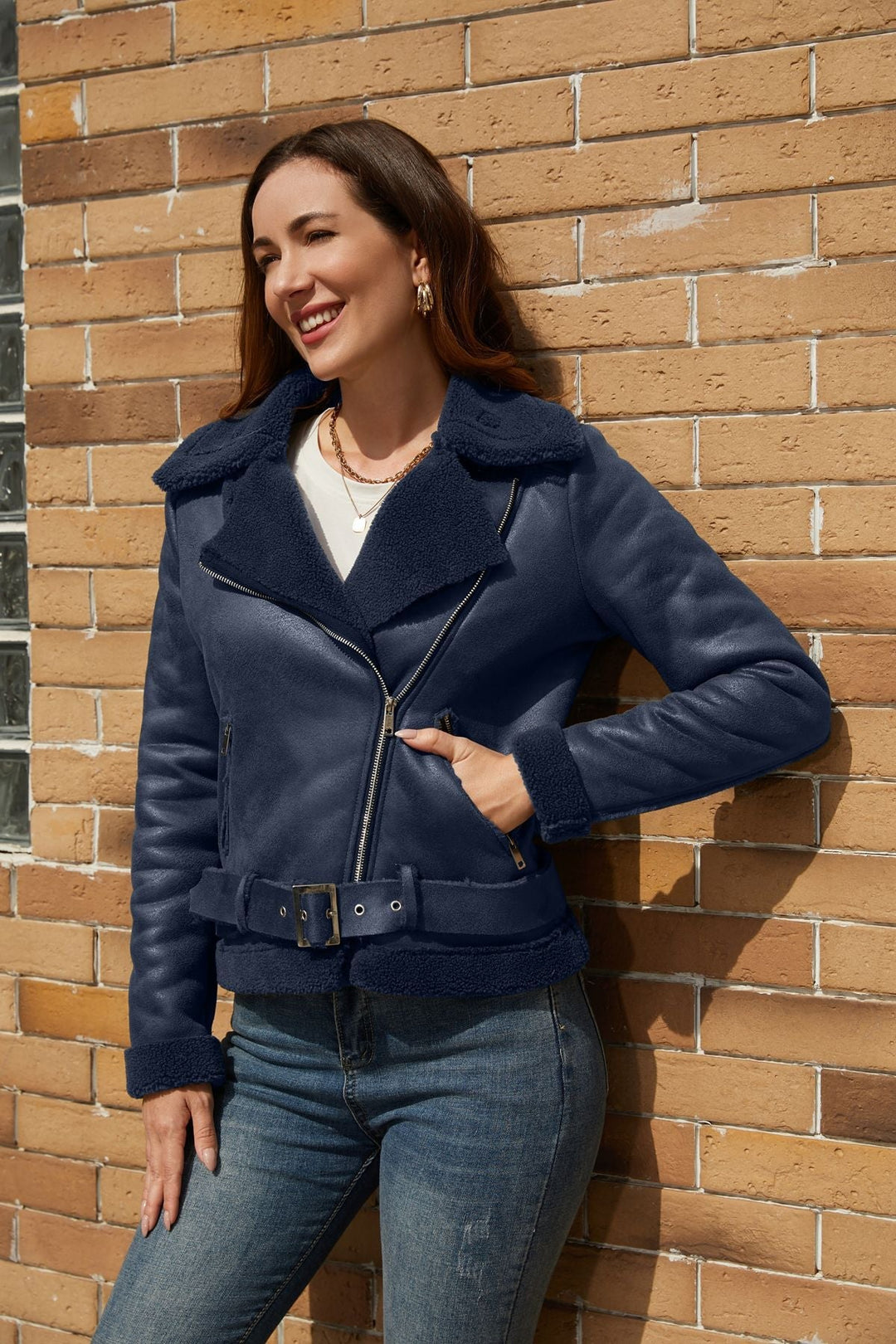 W&W Mode | Winterjacke aus Kunstwildleder mit Fell und Gürtel