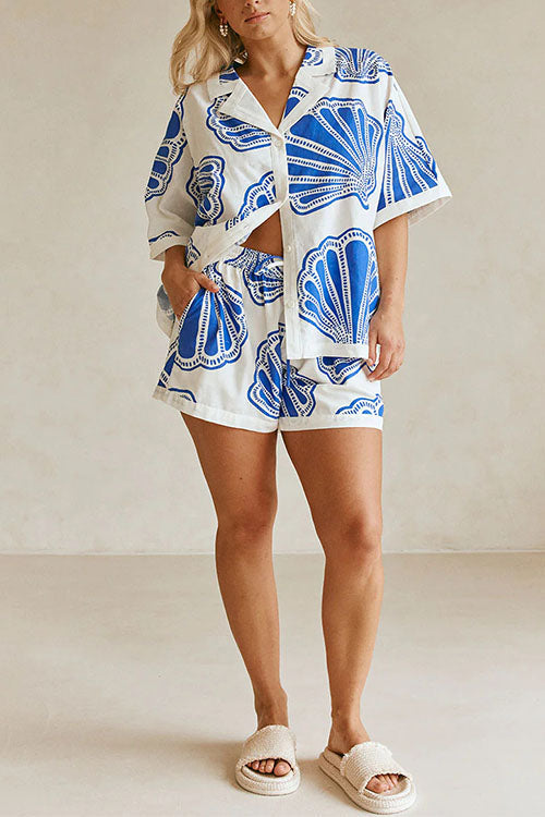 WW | Rosiedress V-Ausschnitt Kurzarmshirt und Shorts mit Kordelzug Taillierung Muscheldruck Set